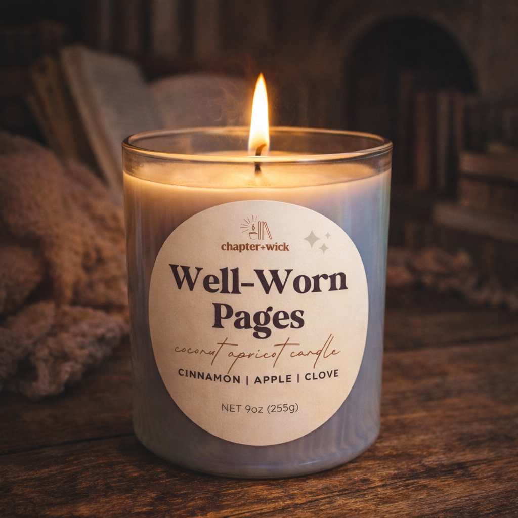Candle labeled 'Well-Worn Pages' with a cozy background